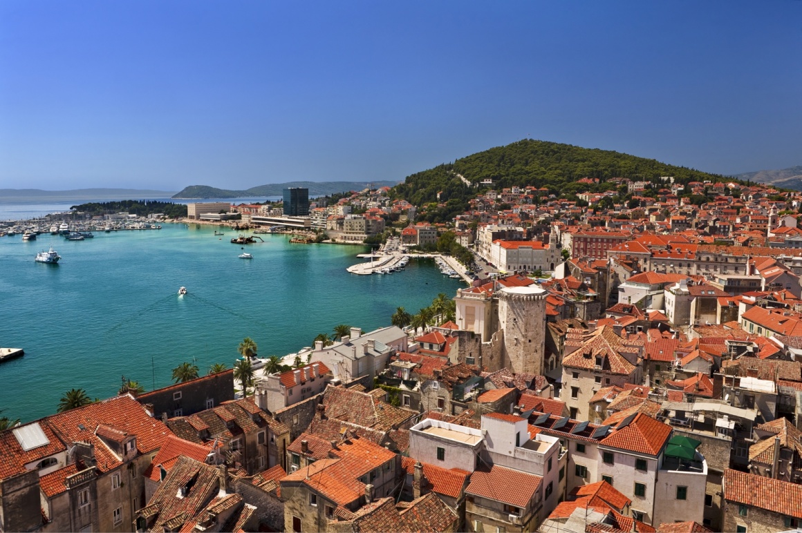 'Croatia. Dalmatia. General view on Split city - there is remains of the Diocletian's Palace in foreground (Historical Complex of Split with the Palace of Diocletian is on UNESCO World Heritage List)' - Split